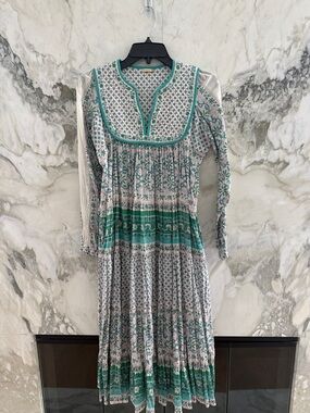 Matta Green and Cream Long-Sleeve Printed midi Dress